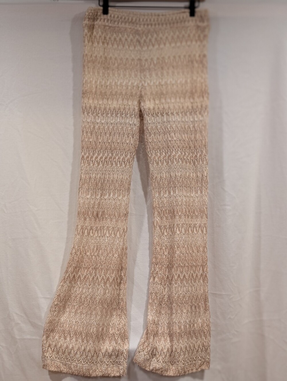 Willow & Root crochet knit bell bottom flare chevron neutral beige pants Large